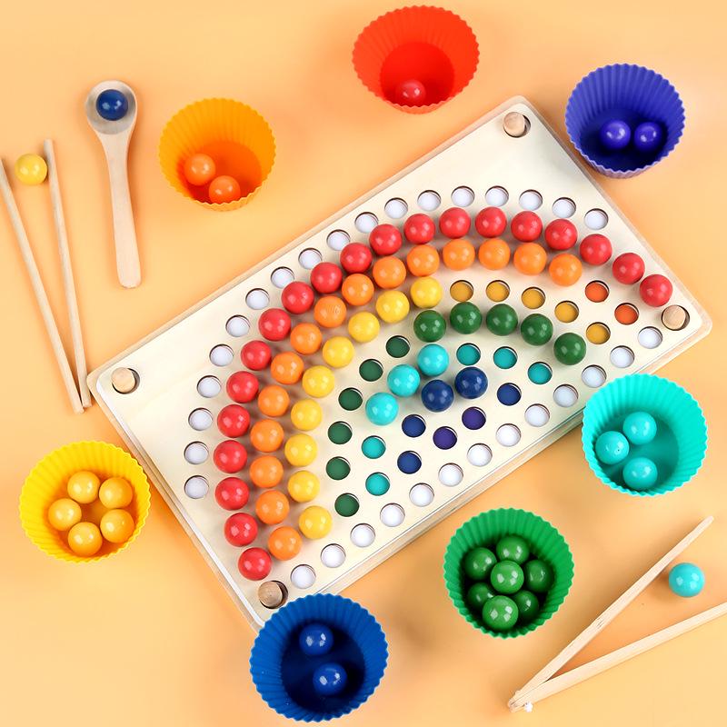 Wooden Children's Bead Puzzle Game Tweezers - Fun Hand-Eye Coordination Toy for Early Education