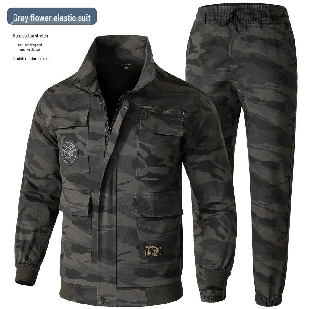Unisex Elastic Workwear Set: Camouflage Cotton, Anti-Scald, Wear-Resistant for Welders and Auto Repair