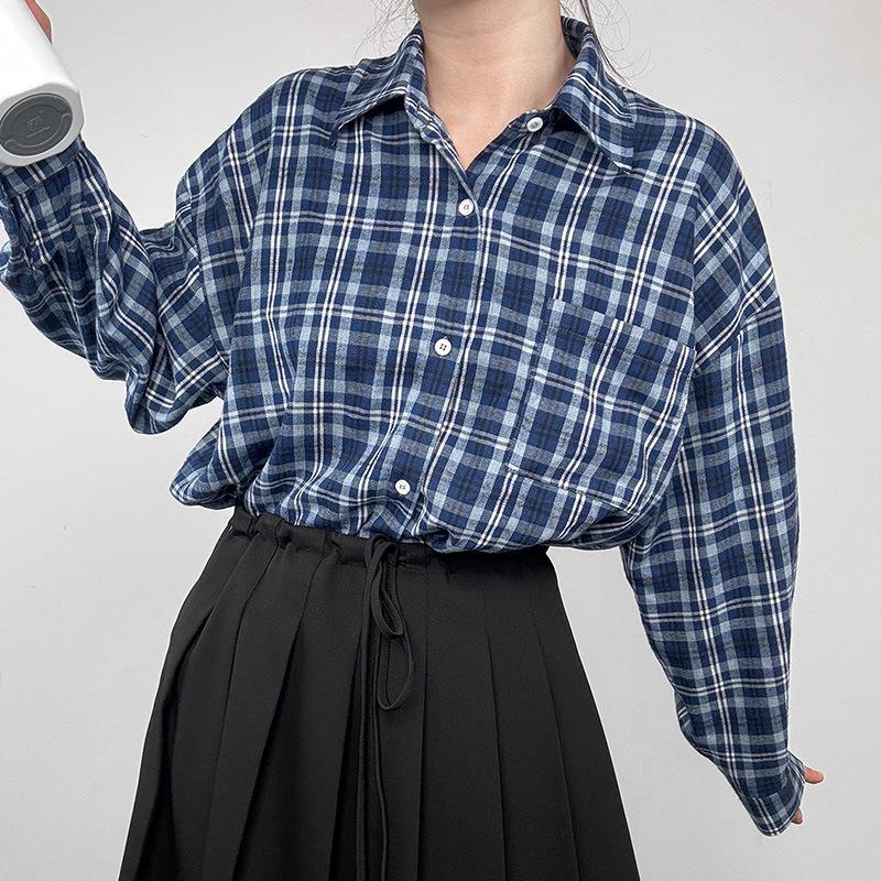 DIYIQIAN Spring Color Block Plaid Korean Casual Shirt - Blue One Size синий