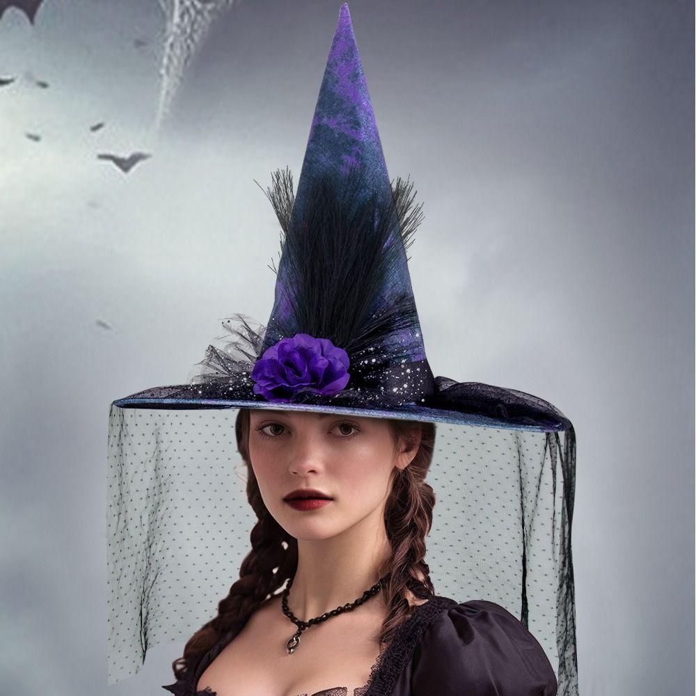 Creative Purple Mesh Veil Wizard Cap Flower Pendant Halloween Witch Hats Oxford Decoration Scarecrow Patch Witch Hat Parties