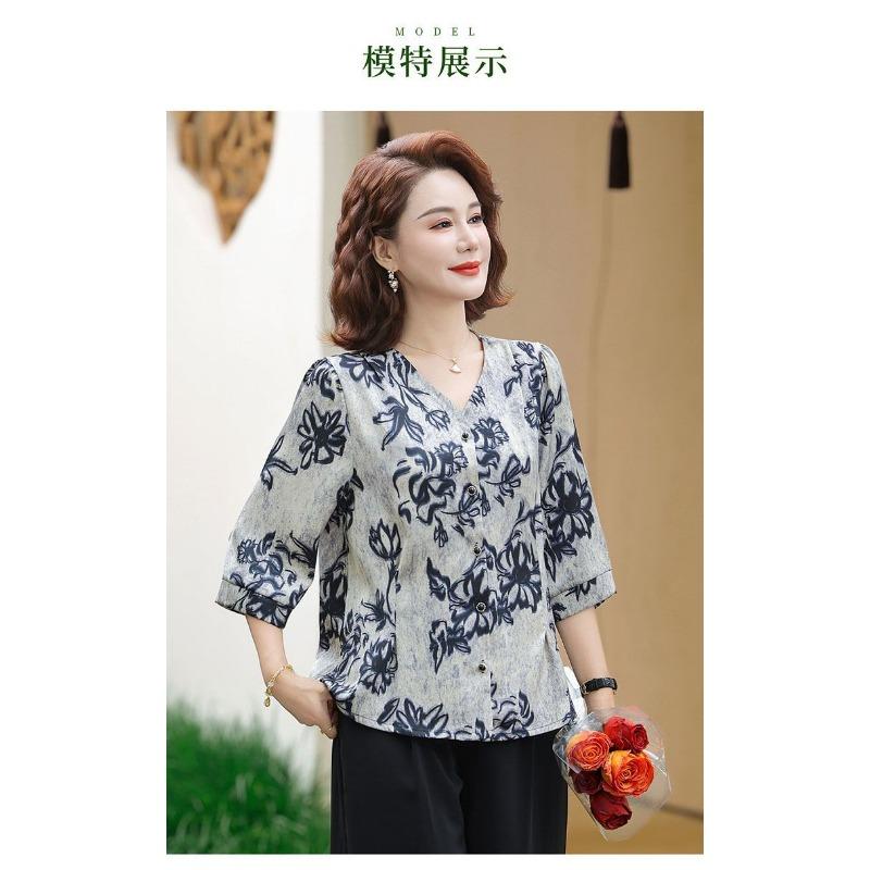 Temperament Middle-aged and Elderly Summer Floral Tops Fashionable Three-quarter Sleeve Cardigans Versatile