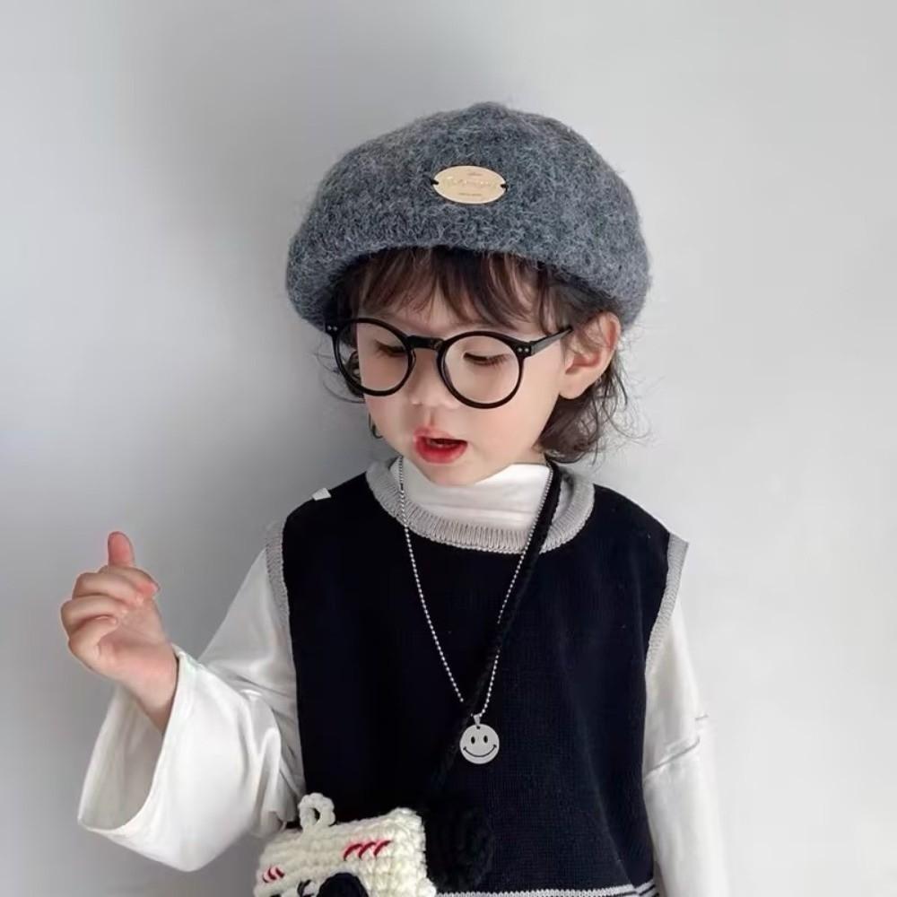 Solid Color Woolen Beret Hat Warm Lining Kids Winter Beanie Cute Winter Beret Cap  Toddler Girls