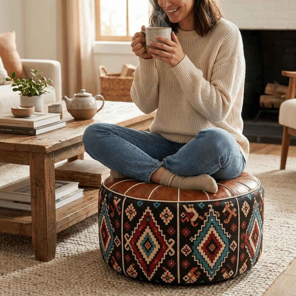 Boho Style Sofa Stool Cover PU Leather Footstool Cover Multipurpose Storage Leg Bench Tatami