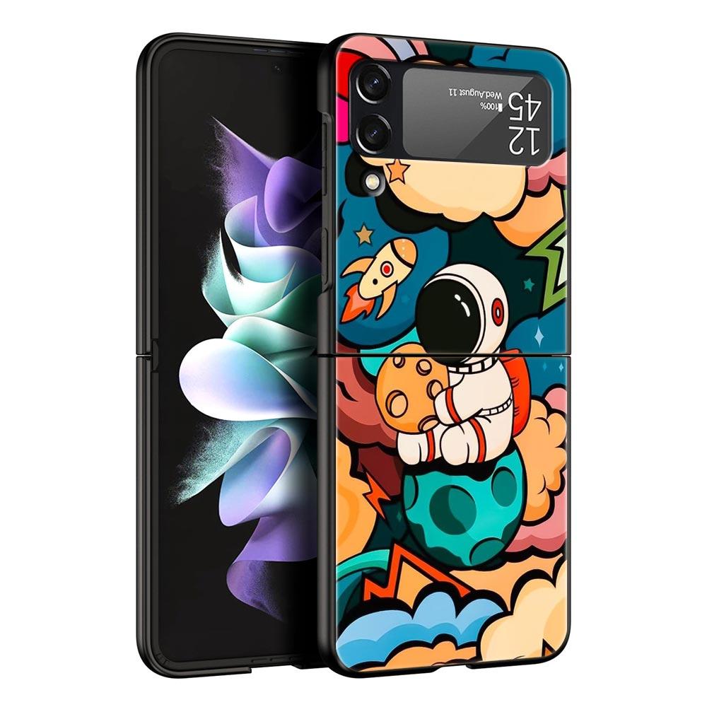 Cartoon Cute Cosmonaut Hard PC Phone Case For Samsung Galaxy Z Flip 7 6 5 4 Black Cover For Galaxy Z Flip3 Foldable Fundas Shell