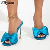 Fashion Eilyken 2025 New Arrival Silk Butterfly-knot High Heels Women Slippers Sandals Square Toe Party Mule Slides Shoes