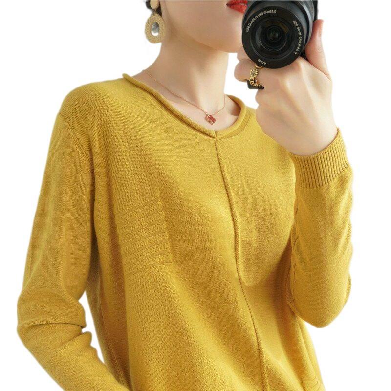 Baumwollpullover im koreanischen Stil mit gerolltem Saum und Rundhalsausschnitt für Damen, langärmlig und locker geschnitten
