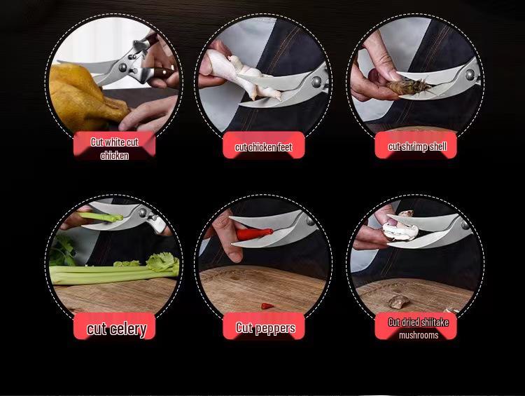 All-Steel Stainless Kitchen Scissors with Wooden Handle - Powerful, Multifunctional, for Cutting Chicken Bones and Household Food Use.