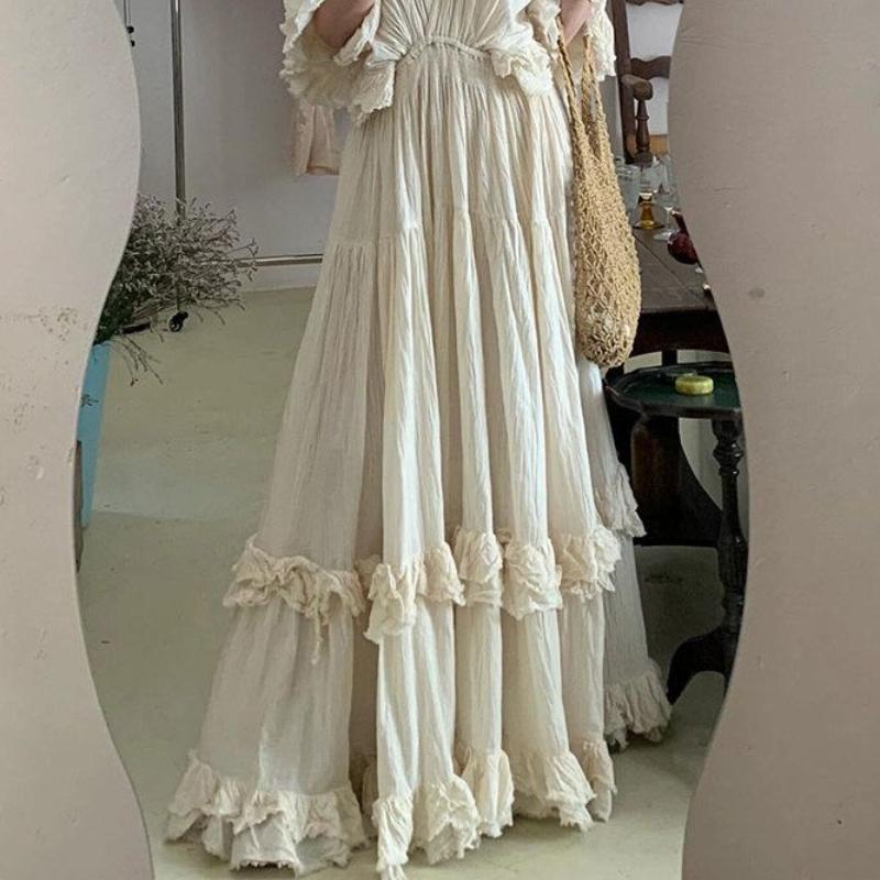 Niche High-End Lazy Style Loose Pleated V-Neck Ruffled Long Dress for Women