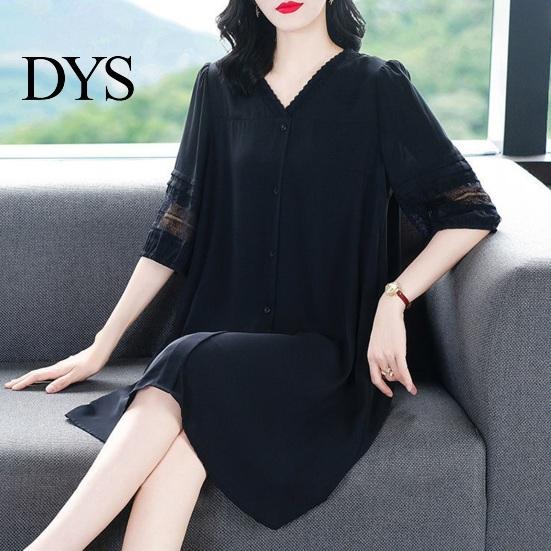 Solid Color Dress Summer Women Plus Size V Neck Loose Half Sleeves Commute Midi Hollow Out Lace Single-breasted Knee Length A-line Long