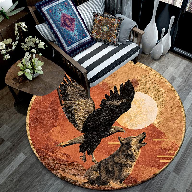 Eagle Wolf Round Area Rug,Carpet Rug for Living Room Bedroom Sofa Playroom Decor,Non-slip Floor Mat