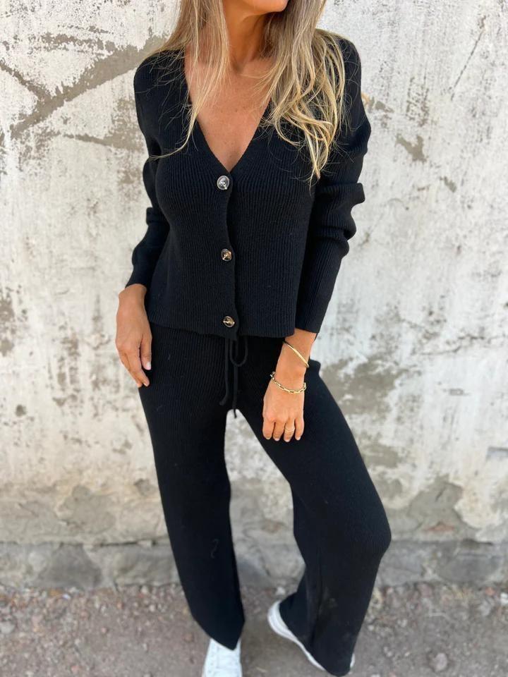 2026 Amazon cross-border new sweater set European and American long-sleeved breasted V-neck knitted cardigan tether trousers XL чёрный
