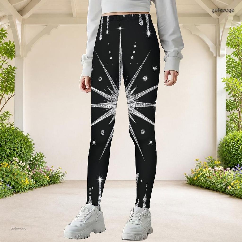 Girls Black Golden Glitter Print Full Length Stretch Waist Fitted Yoga Leggings