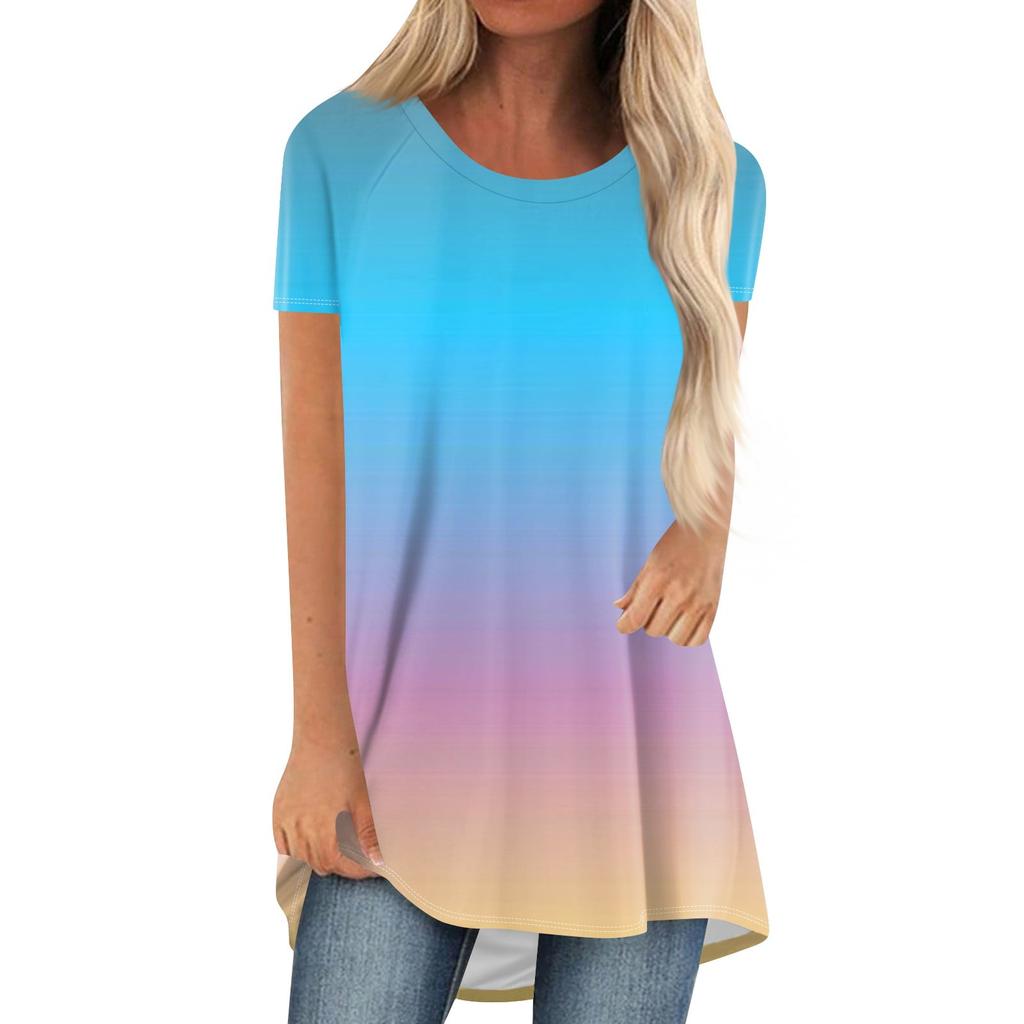 Gradient Color 3D Print Long T-Shirts Women Casual Streetwear Oversized O-Neck Short Sleeve T Shirt Y2K Tops Tees Woman Clothing