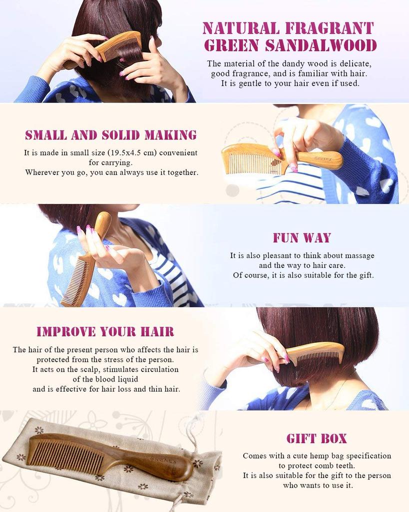 ORIENEX Premium Wooden ORIENEX Comb, Hairbrush, Massage, Anti-Static, (Green Sandalwood)