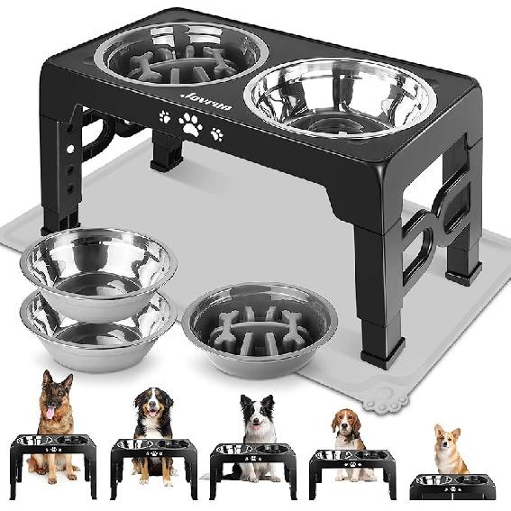 Elevated Dog Bowls, Dog Feeder with 2 Stainless Steel Dishes &1 Slow Feeder Bowl, 5 Heights Adjustable Raised Stand for Medium Large, Food Dishes