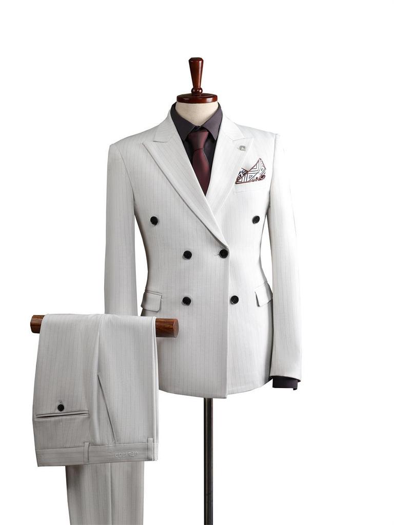 Apricot White Striped Double-Breasted Slim-Fit Suit Set for Casual, Groom, or Formal Business Attire.