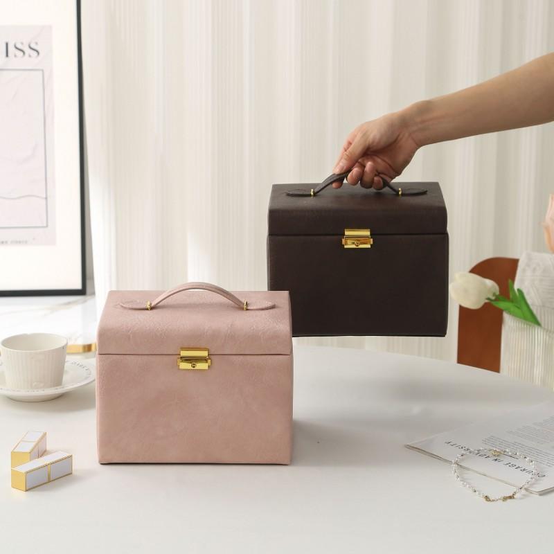 Large Capacity Double Layer Lockable Jewelry Box PU Leather Rings Earrings Necklaces