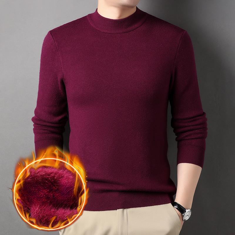 Jesienno-zimowy męski sweter z półokrągłym dekoltem o średniej wysokości, jednolity kolor, dzianinowy sweter, elastyczny, wysokiej jakości, pluszowy, pogrubiony, koszulka do noszenia pod spodem