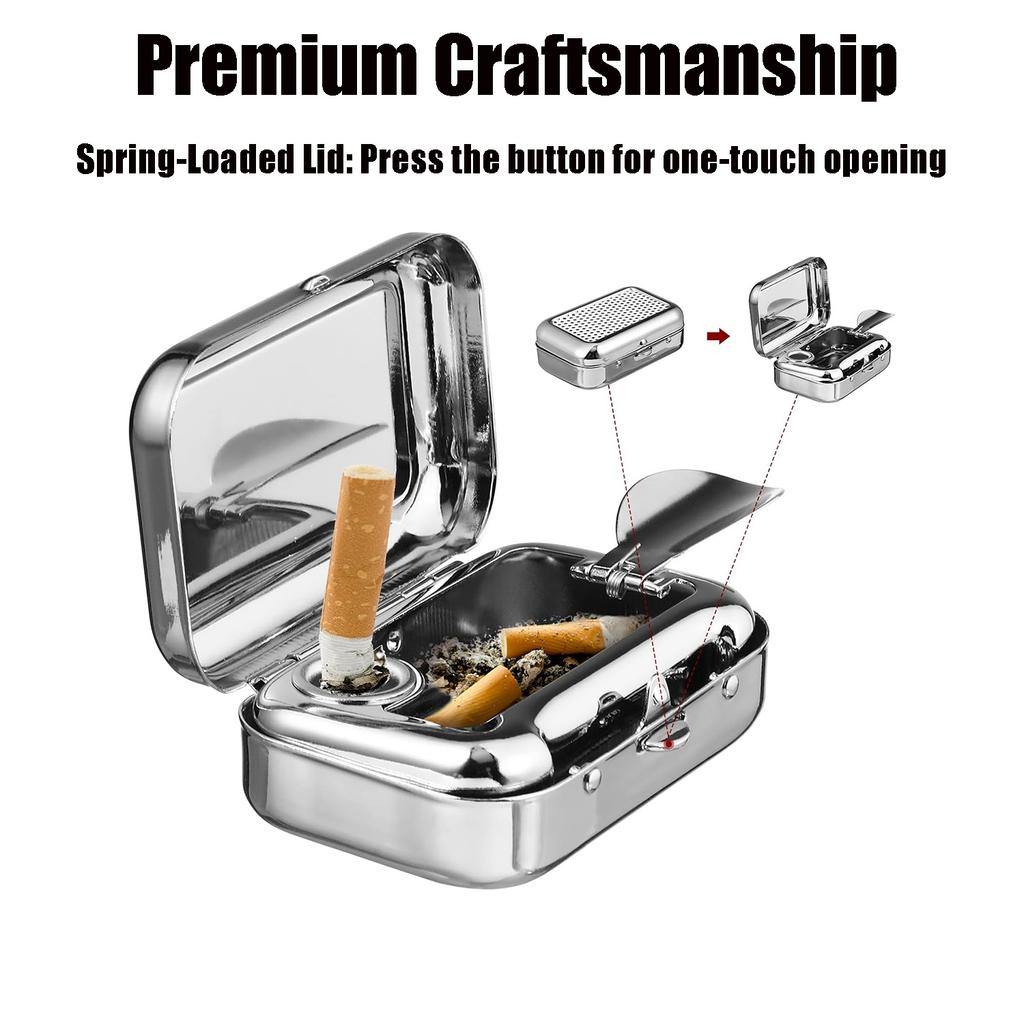 Portable Pocket Ashtray with Lid, Stainless Steel Metal Car Ash Tray, Mini Travel Cigarette Ash Holder for Outdoor Use