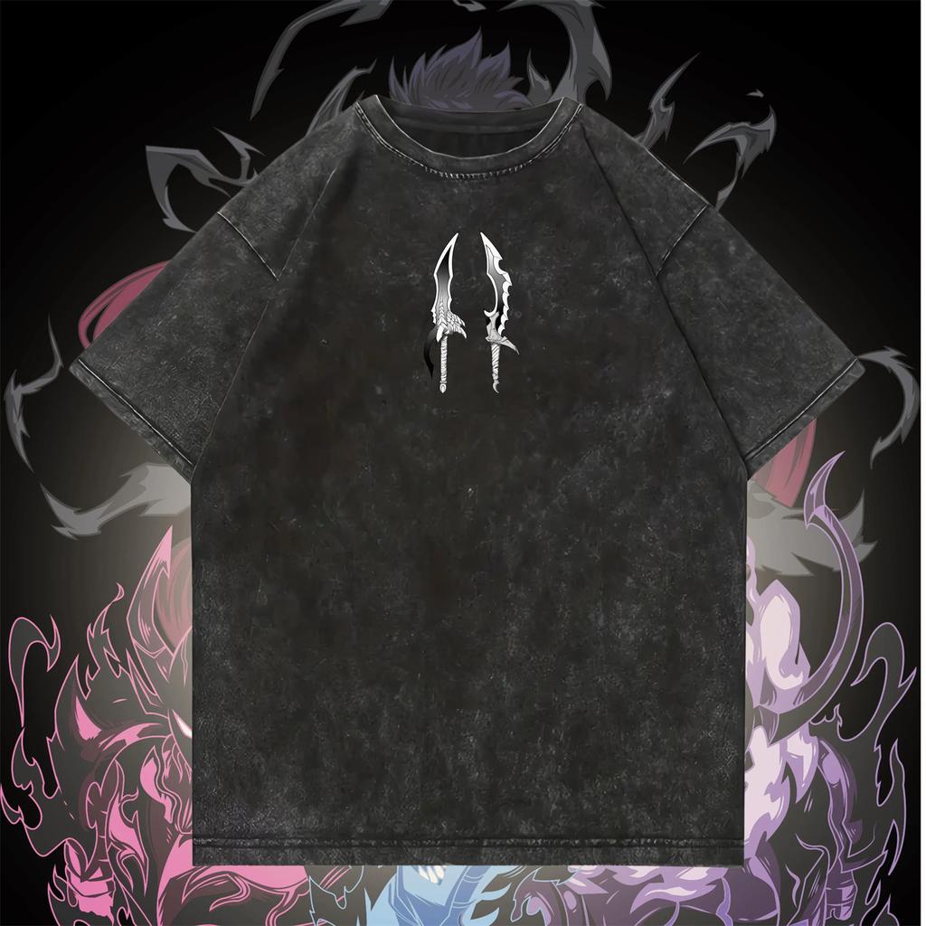 Solo Leveling Anime Washed Cotton T Shirt Manga Tees Vintage T-shirt Men's Summer Streetwear Men Women Tops Clothing