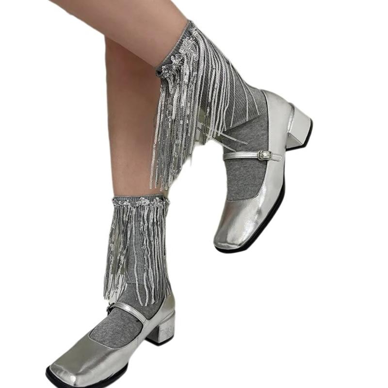 Womens Harajuku Sequins Tassels Decorative Trim Calf Sock 90s Solid Rib Middle Tube Sock Nightclub Party Stockings
