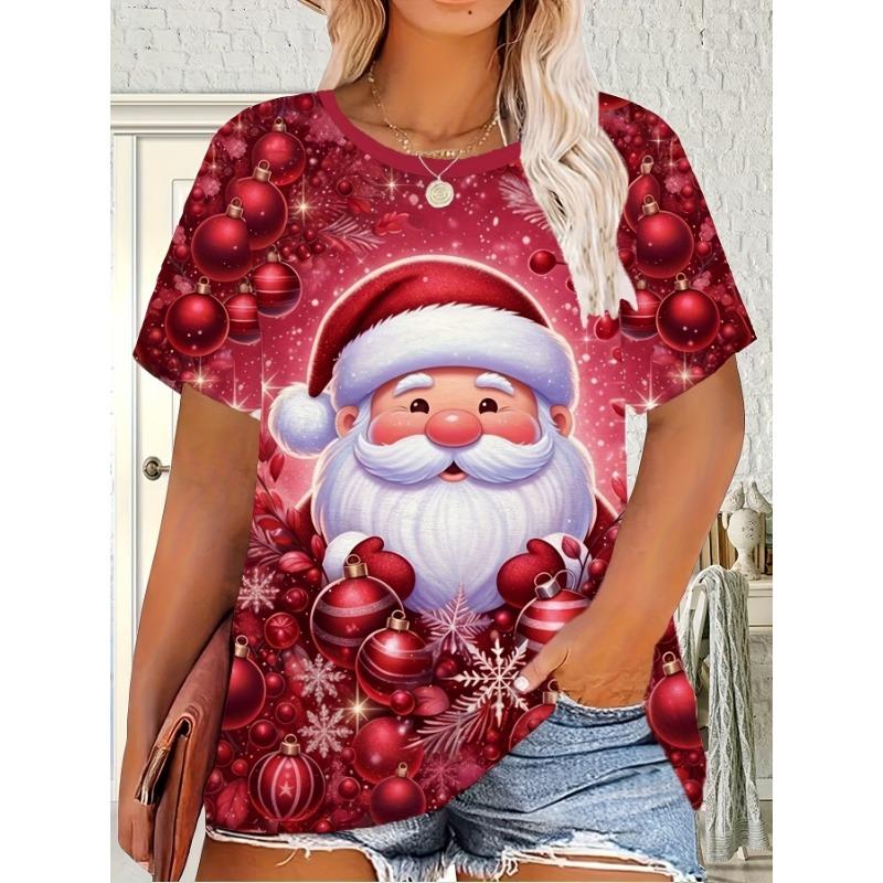 Women's Oversized Christmas T-Shirt 3D Santa Snowflake Print Purple Pink Golden White Holiday Top Xmas Party Y2k Ladies Clothes