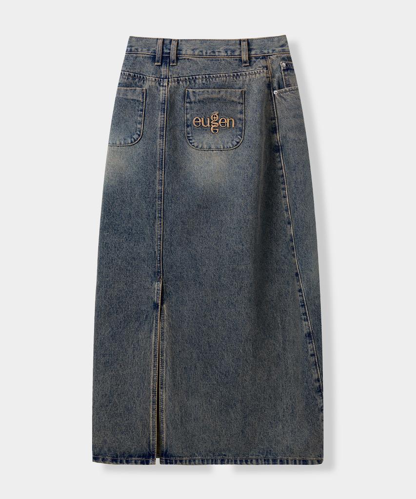 Yujen Slit Washed Denim Long Skirt_Dust Indigo