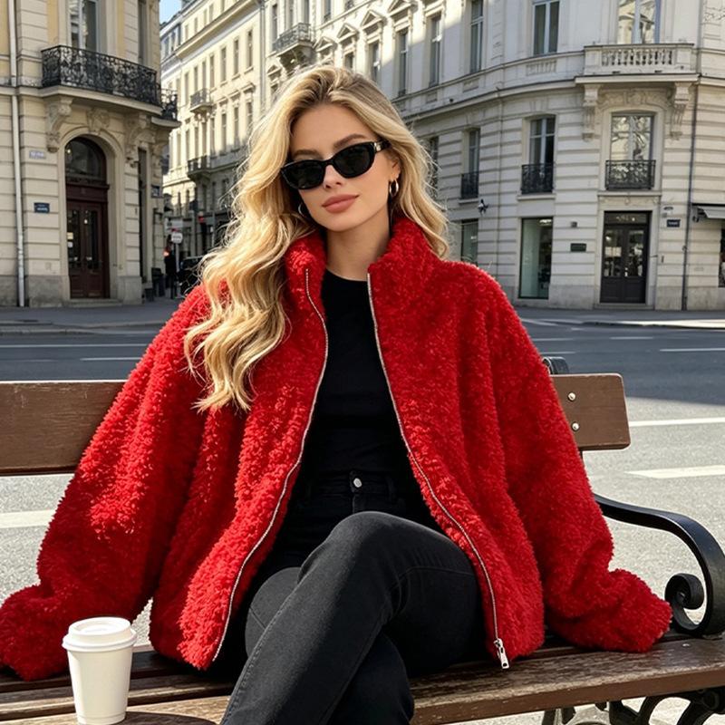 British casual coat lamb wool stand-up collar fur integrated short coat women's autumn and winter hem drawstring thin top