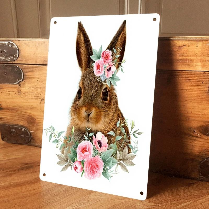 

1 piece of cute rabbit and flower tin wall hanging plaque, suitable for living room and bedroom wall decoration, retro style hom (as the picture,20x30cm)