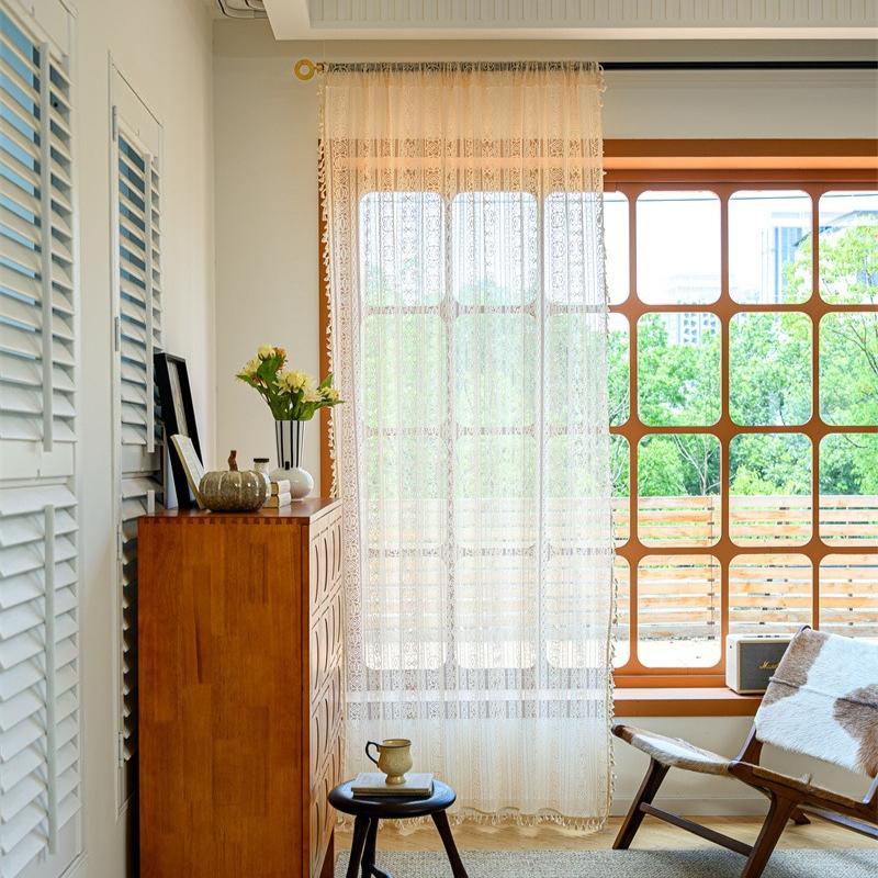 French Translucent Curtains Bohemian Style Hollow Lace Fabric Four Season Universal Living Room Decoration Drapes Vintage Tassel Fabric Curtain