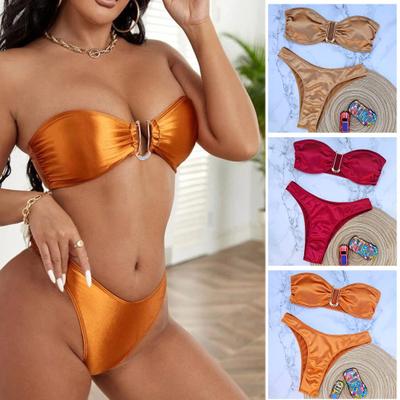 2 Teile/satz Frauen Bikini Set Off Schulter Liebsten Satin Elastische Schnell Trocknend Gepolsterte Drahtlose Heißer Badeanzug Dame Bademode Badeanzug
