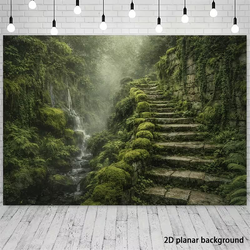 Enchanted Jungle Banner with Lush Ferns and Ivy Photo Booth Background Cloth