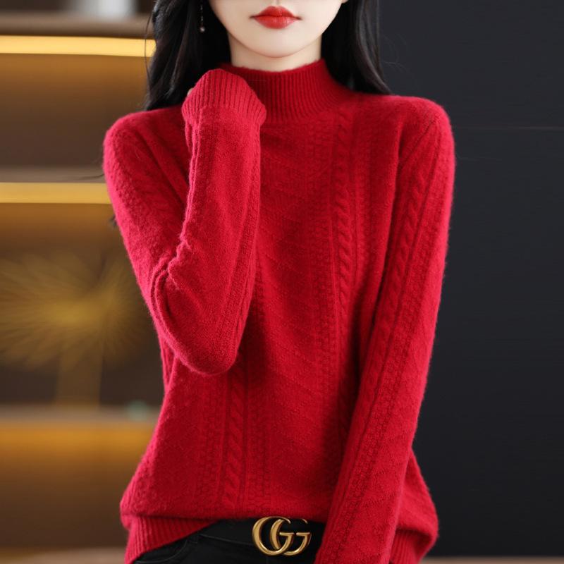 Women's Cable Knit Wool Sweater: Autumn/Winter Warm, Skin-Friendly, Half-High Collar, Seven-Needle Knit.