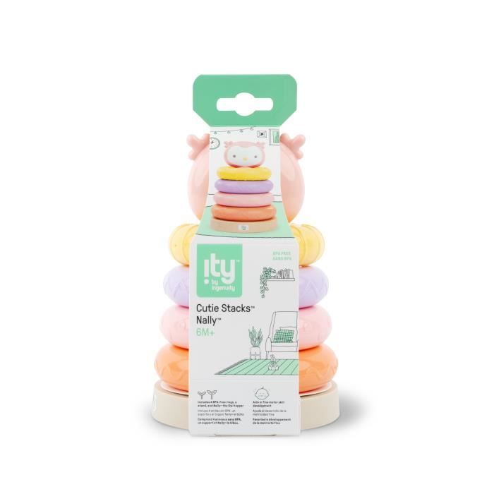 ITY De INGENUITY Cutie Stacks Nally, 4 Anneaux De Dentition À Empiler Sans BPA, Support En Faux Bois, Ours, Rose, Dès 6 Mois