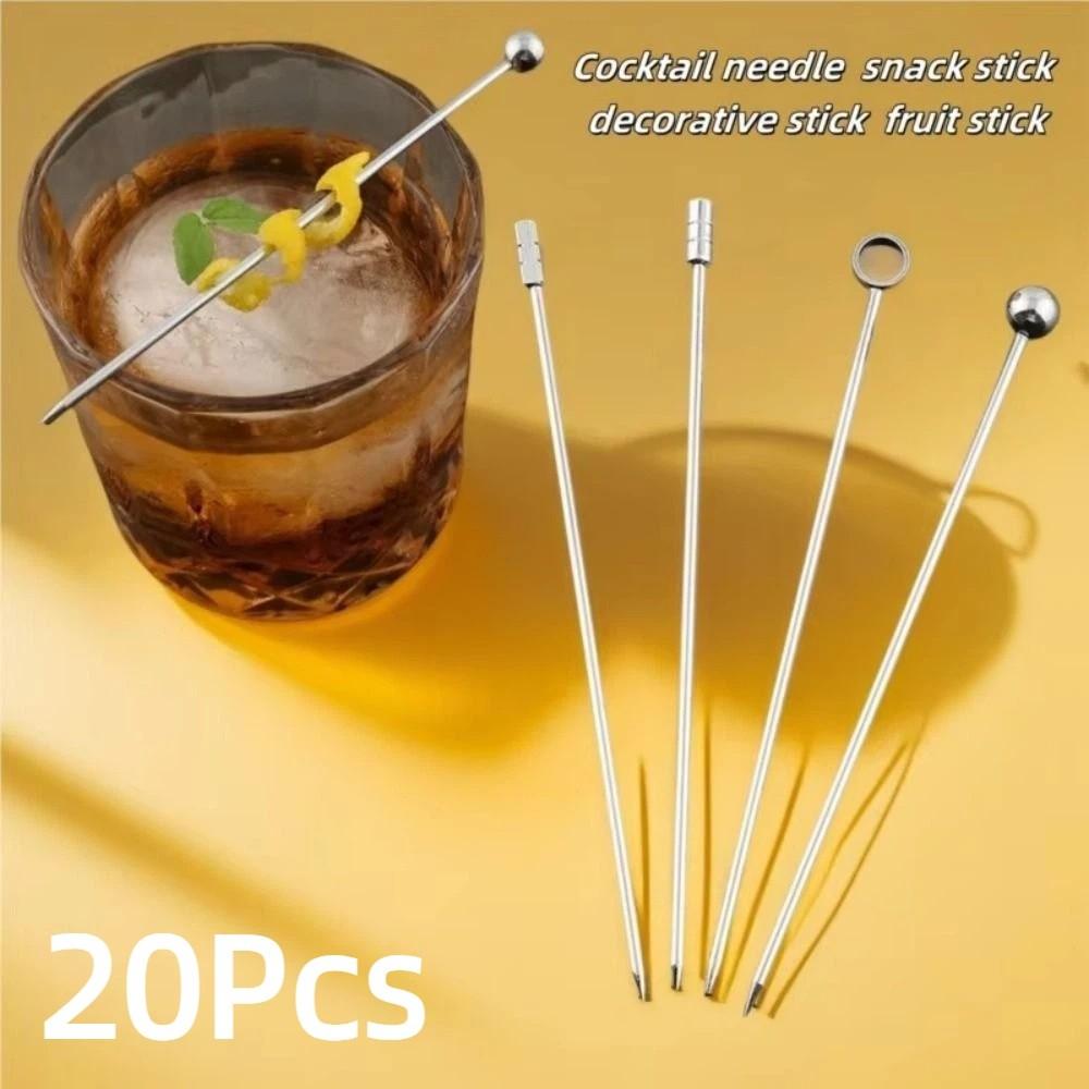 20Pcs Silver Color Martini Picks Long Handle Drink Stirring Sticks Durable Cocktail Skewers  Wedding