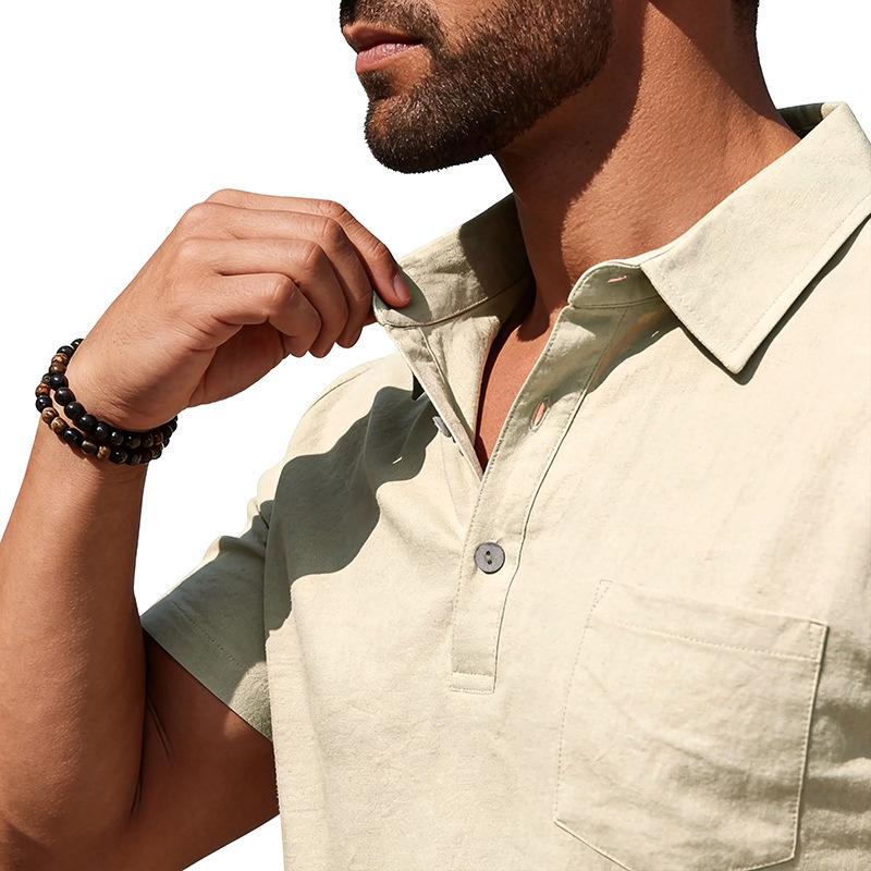 Men Loose Casual Short Sleeve Linen Blend Polo Shirt For Daily Beach Wear