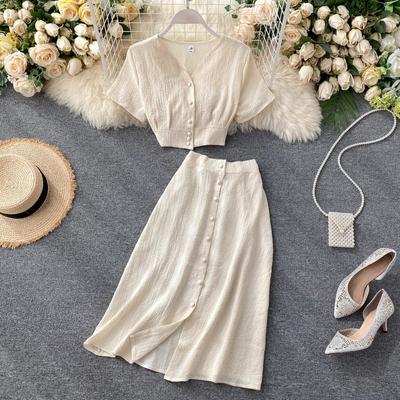 Solid Color Home Wear Women's V-neck Short-sleeved Pleated Blouse + High-waisted Slimming Single-breasted Skirt Pajamas