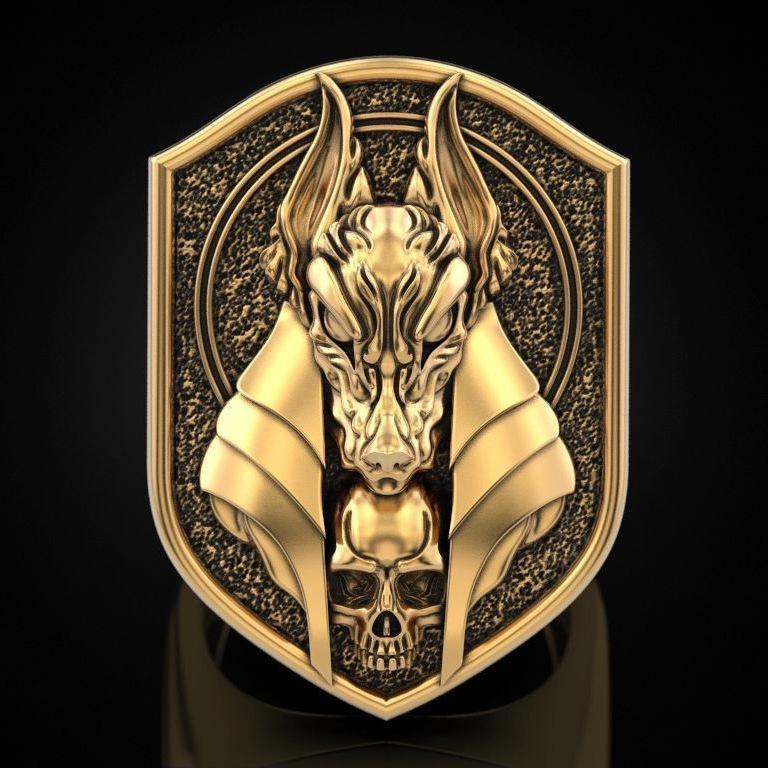 Zhenrong Anubis 18k Gold-Plated Men's Ring - Creative Ancient Egyptian Mythology Design with Jackal Head and Human Body.