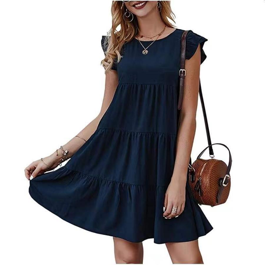 New Summer Solid Color Crew Neck Short Sleeve Dress Casual Ruffled High-Waisted Swing Dress