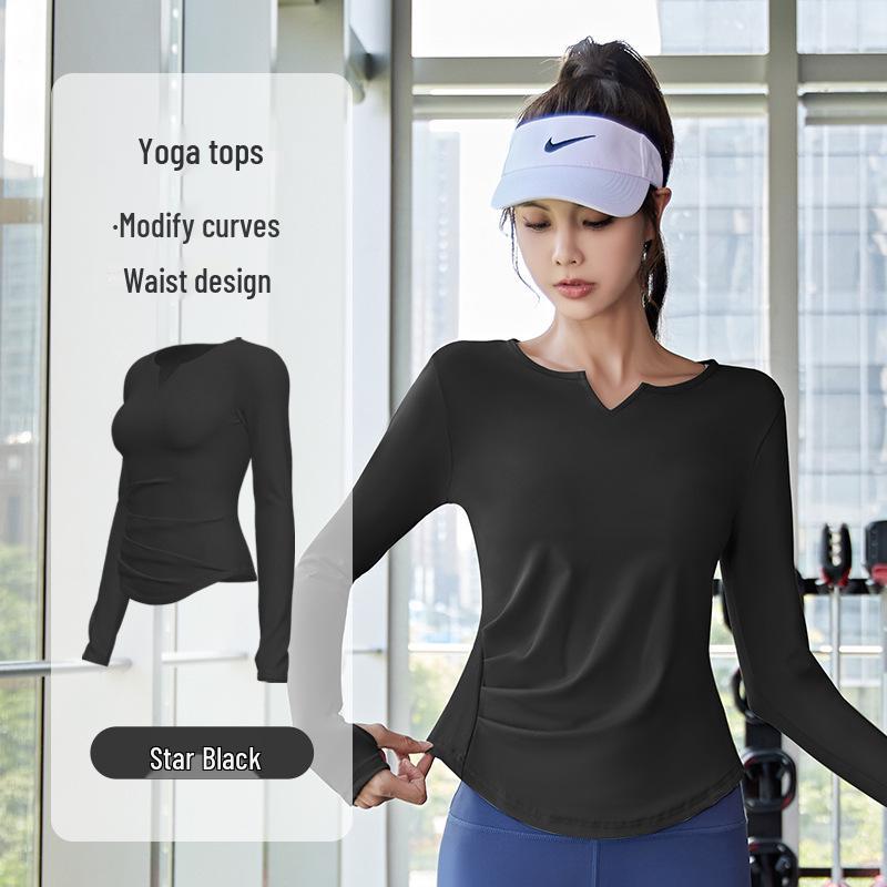 Juyi Hall Solid V-Neck Ruched Long Sleeve Women's Bodycon Yoga Top