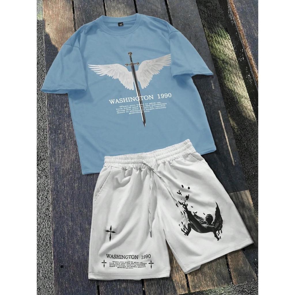 2026 Summer New Unisex Short-Sleeved Shorts Set with 3D Wings Pattern Print for Street Casual Fashion Comfortable and Soft