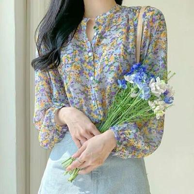 Oversized Chiffon Shirt Ladies Summer Blouse Print Wheat Ear Flower Round Neck Mid-length Blouse