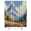 Impressionist Mountain Landscape Shower Curtain With Flower Field Flying Birds Artistic Bathroom Decor For Nature Lovers
