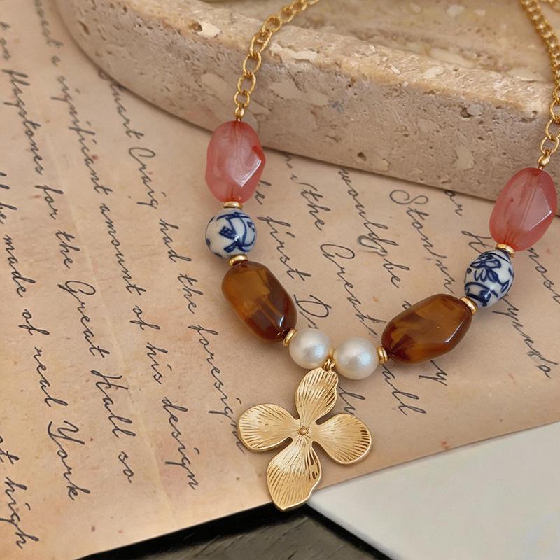 High-End Ceramic Pearl Beaded Flower Necklace - Retro Ethnic Style Clavicle Accessory for Women