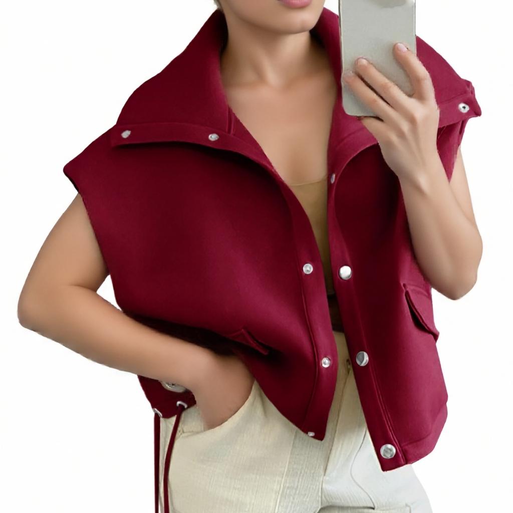 Womens Fall Oversized Vest Cropped Button Down Cap Sleeve Lapel Collar Jackets Casual Drawstring Outerwear