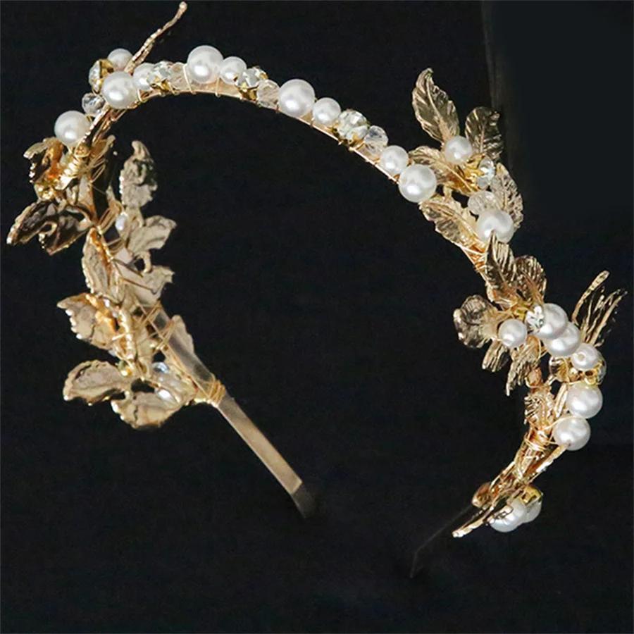 Fashionable crystal pearl alloy leaf headband for women romantic wedding elegant bride wedding photography hair accessories
