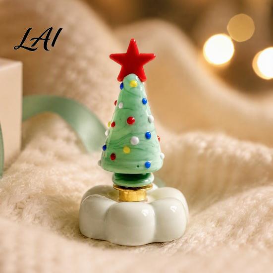 Handcrafted Holiday Table Decor Handmade Glass Christmas Tree Ornament with Star Top And Colorful Bead Details Festive Photo Props Desktop
