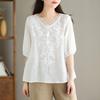 Women's Summer 2024 V-Neck Embroidered Three-Quarter Sleeve Cotton Linen Shirt