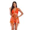 5XL Plus Size Women Asymmetric Hem Bathing Suit Floral Printed Backless Halter Neck Swimdress Swimming Shorts