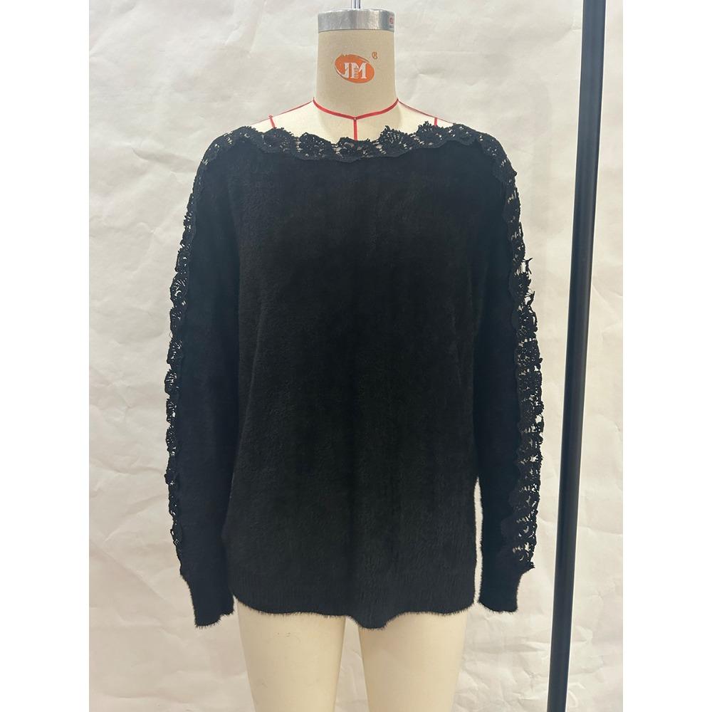 Knitted Sweater Temperament One Collar Lace Patchwork Sleeves Women's Solid Color Knitted Top
